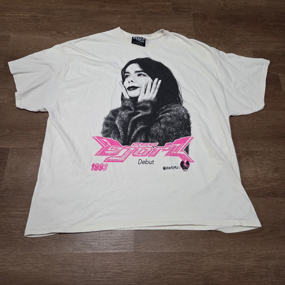 Feels So Good Bjork Debut 1993 Graphic T-Shirt Mens XXL White Quote Back Print